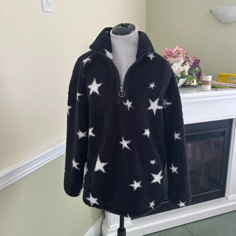COZY SHERPA Black & White Star Sherpa Faux Fur Pullover 1/4 Zip  Warm Jacket XL